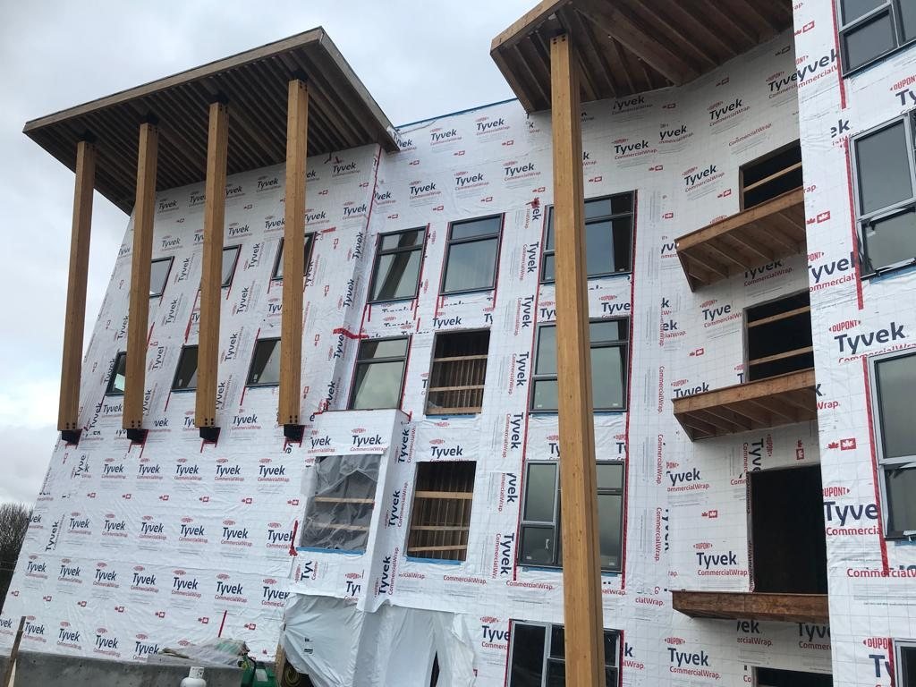 Timber canopy members projecting from a multi-storey wall under construction.