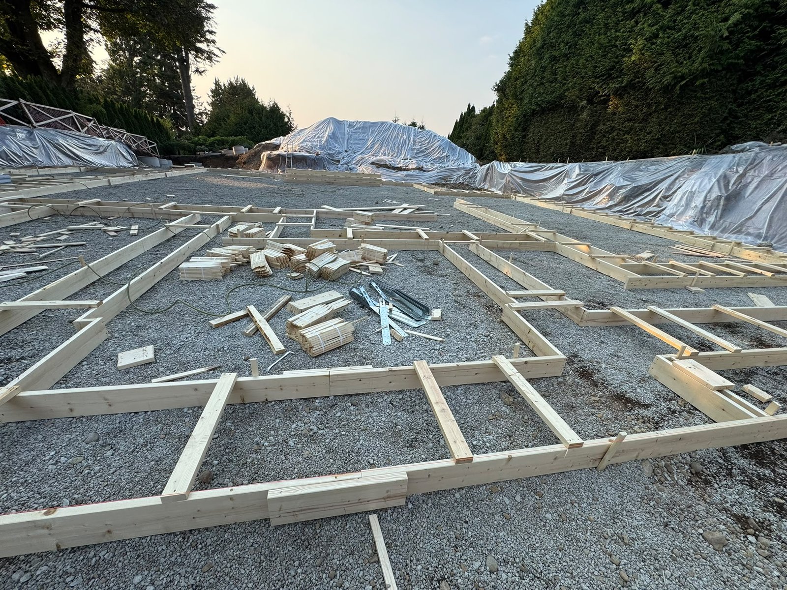 Residential foundation layout and materials staged on site